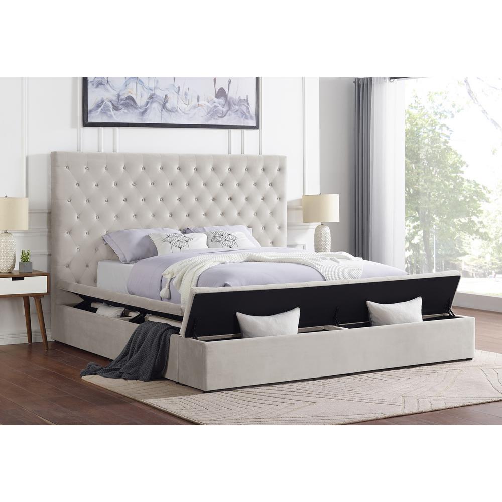 Cierra Velvet Platform Queen Bed with Storage in Cream. Picture 3