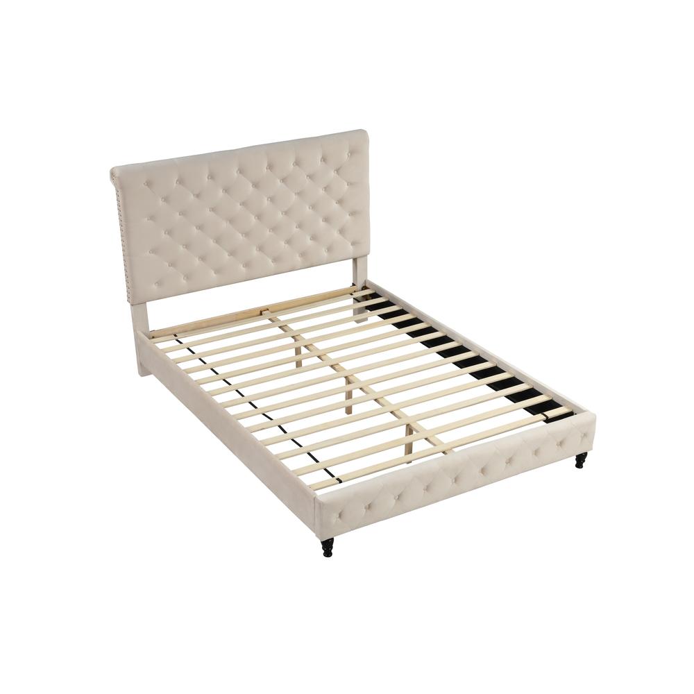 Best Master Furniture Ashley Tufted Velvet Fabric Full Platform Bed in Beige. Picture 1