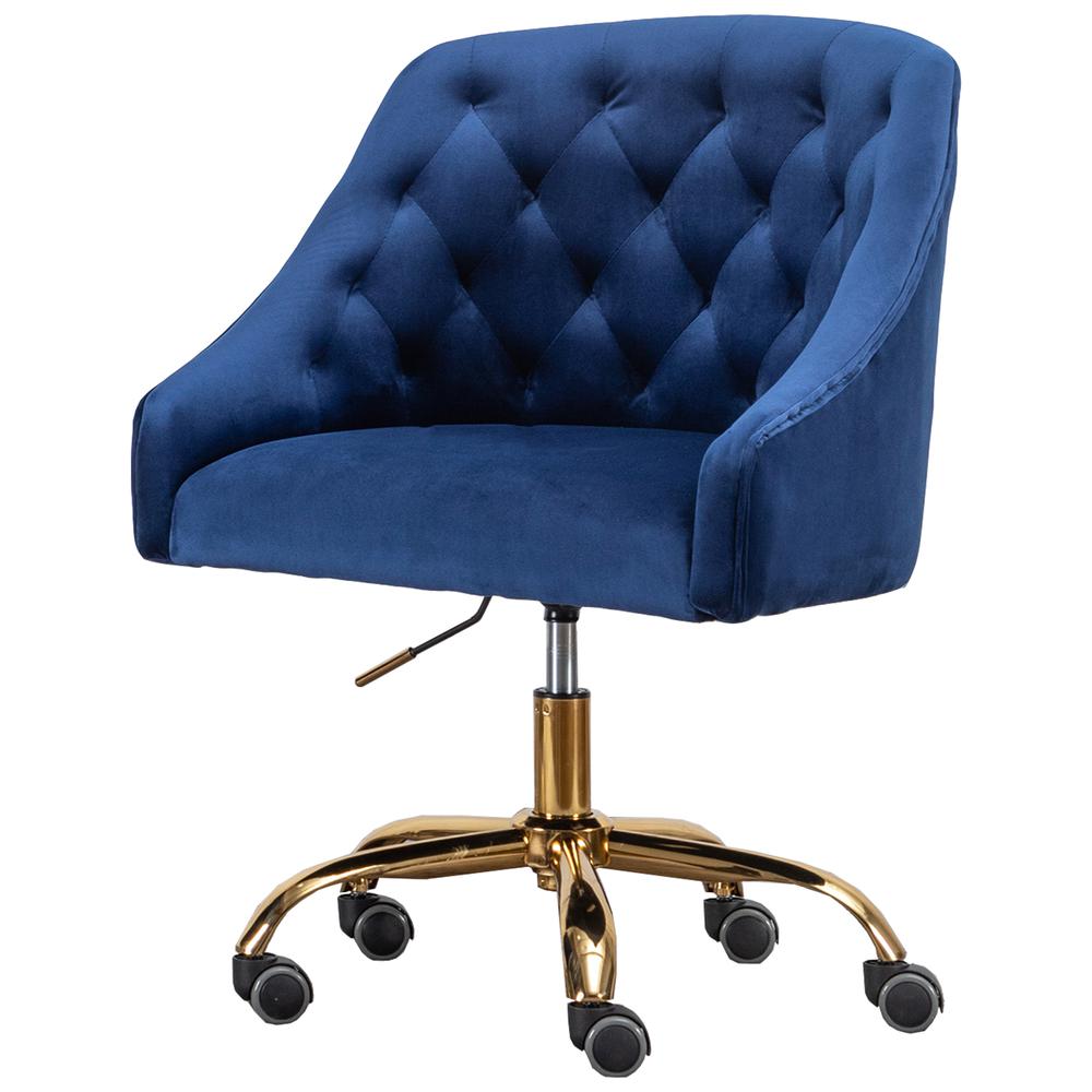 Blue Velvet Tufted Swivel Task Chair with Gold Base and Wheels. Picture 1