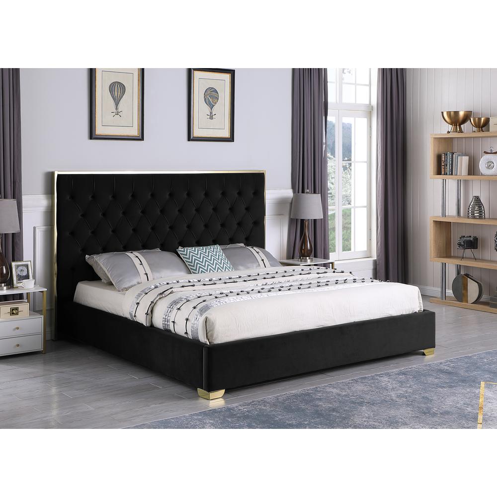 Kressa Velvet Fabric Tufted King Platform Bed in Black/Gold. Picture 1