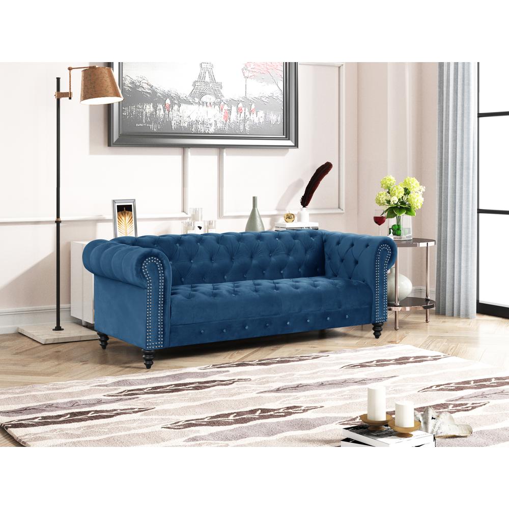 Flotilla Round Arm Velvet Chesterfield Straight Sofa in Blue (3 Seater). Picture 3