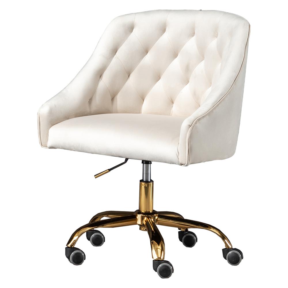 Cream Velvet Tufted Swivel Task Chair with Gold Base and Wheels. Picture 1