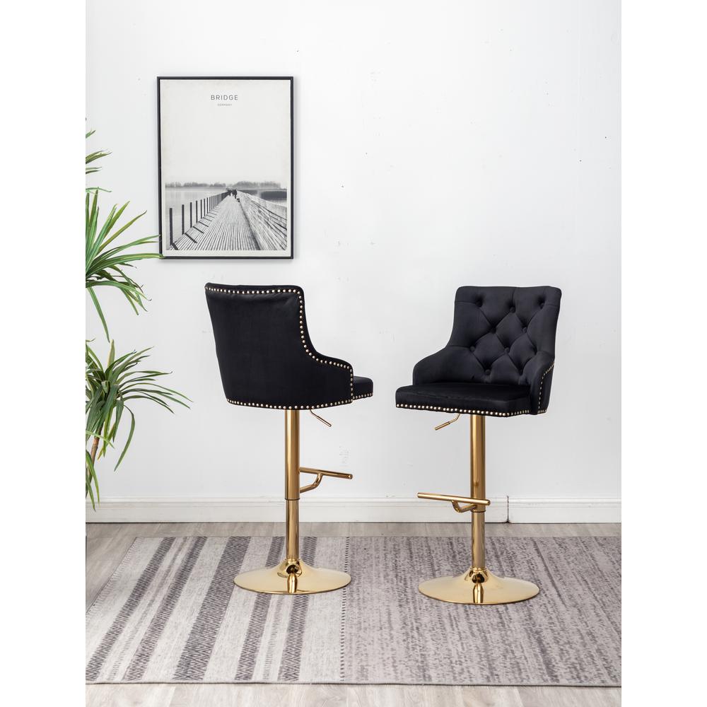 Brightcast 2-piece Velvet Tufted Gold Bar Stools in Black. Picture 2
