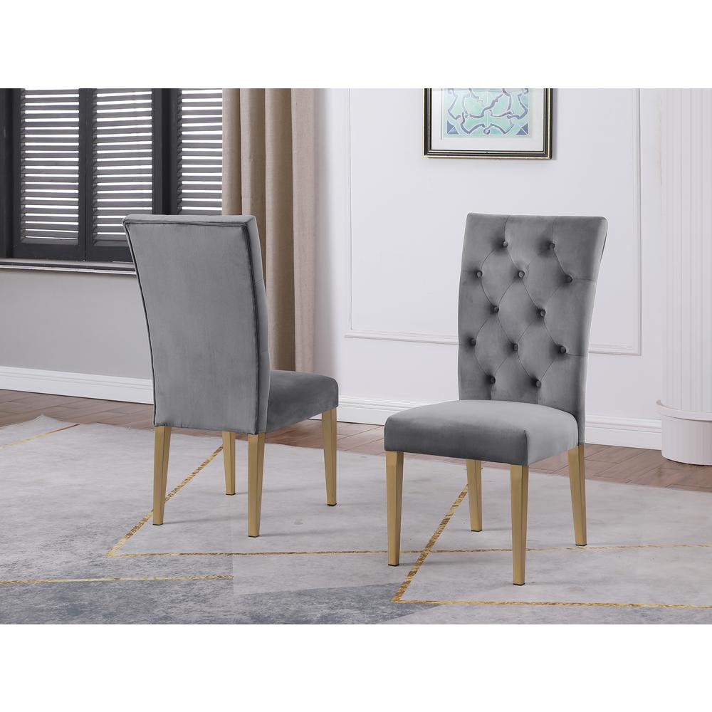 Tyrion Gray Tufted Velvet Side Chairs in Brushed Gold (Set of 2). Picture 2