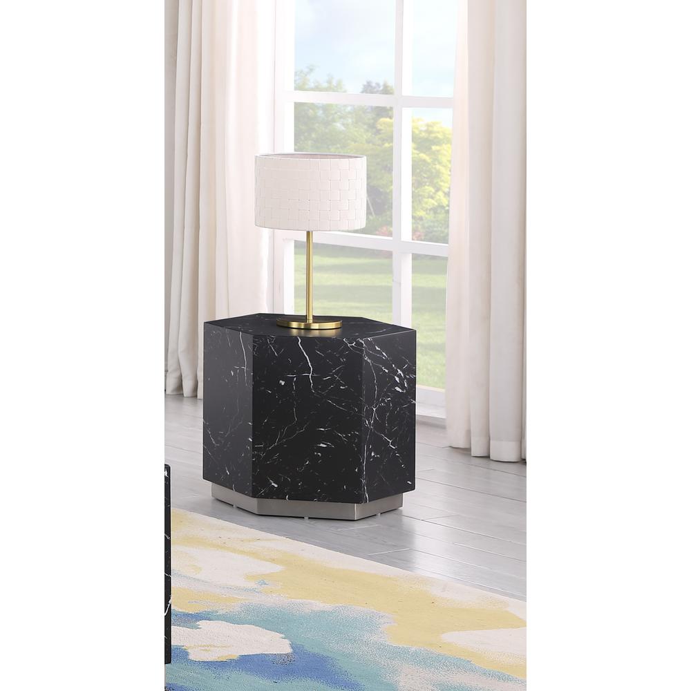 Zhuri Hexagon Faux Marble Black End Table in Silver. Picture 2