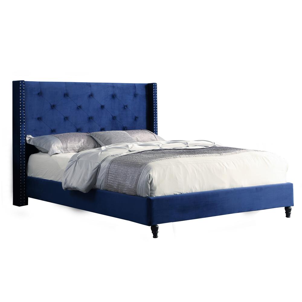 Best Master Furniture Valentina Velvet Fabric Wingback Platform Full Bed in Navy. Picture 1