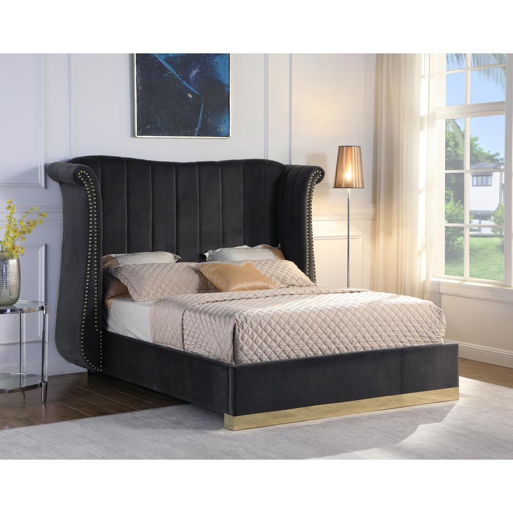 Jamie Velvet Dark Gray Eastern King Platform Bed with Gold Accents. Picture 3