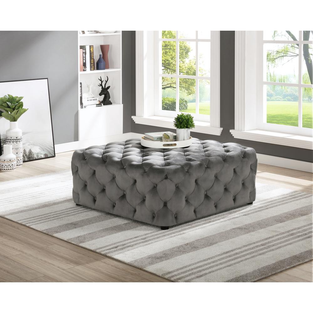 Best Master Furniture Kelly Square Transitional Velvet Fabric Ottoman in Gray. Picture 2