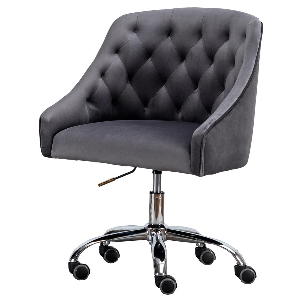 Dark Gray Velvet Tufted Swivel Task Chair with Silver Base and Wheels. Picture 1