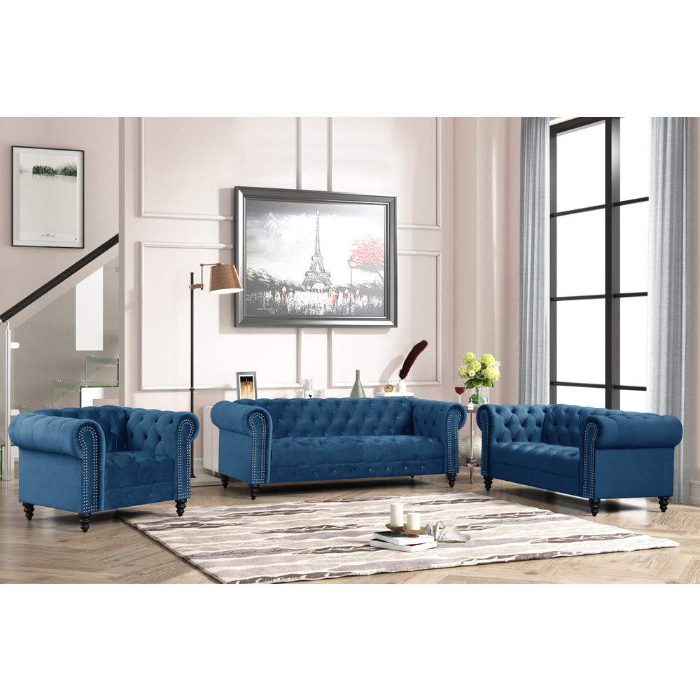 Flotilla Round Arm Velvet Chesterfield Straight Sofa in Blue (3 Seater). Picture 2