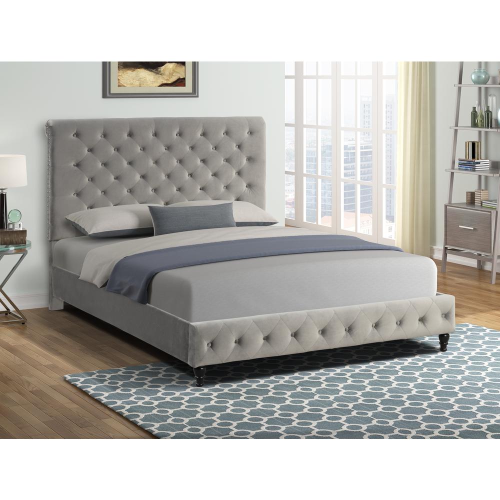 Ashley Tufted Velvet Fabric Queen Platform Bed in Gray. Picture 2
