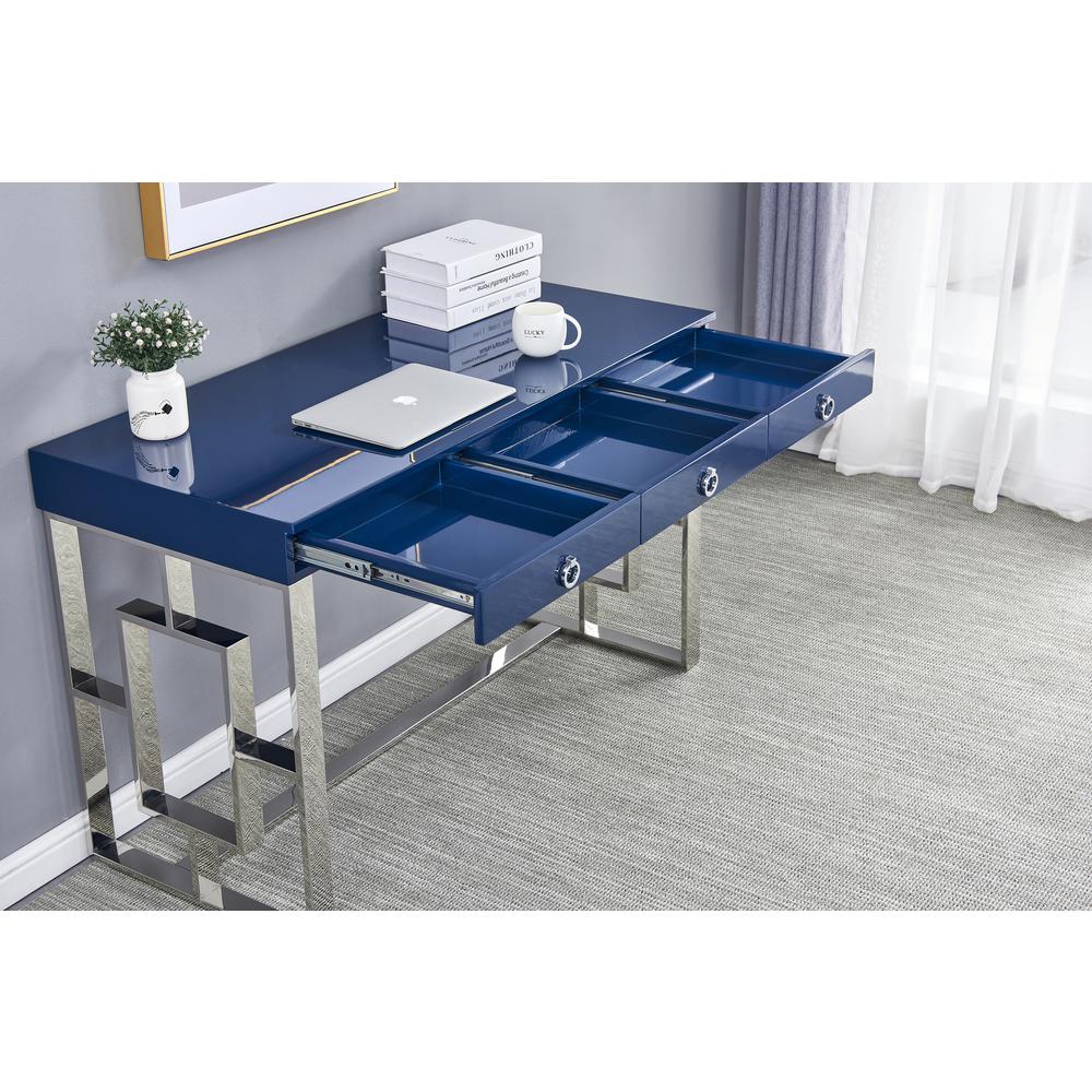 Brooks 3 Drawer Wood and Stainless Steel Frame Writing Desk - Blue/Silver. Picture 2