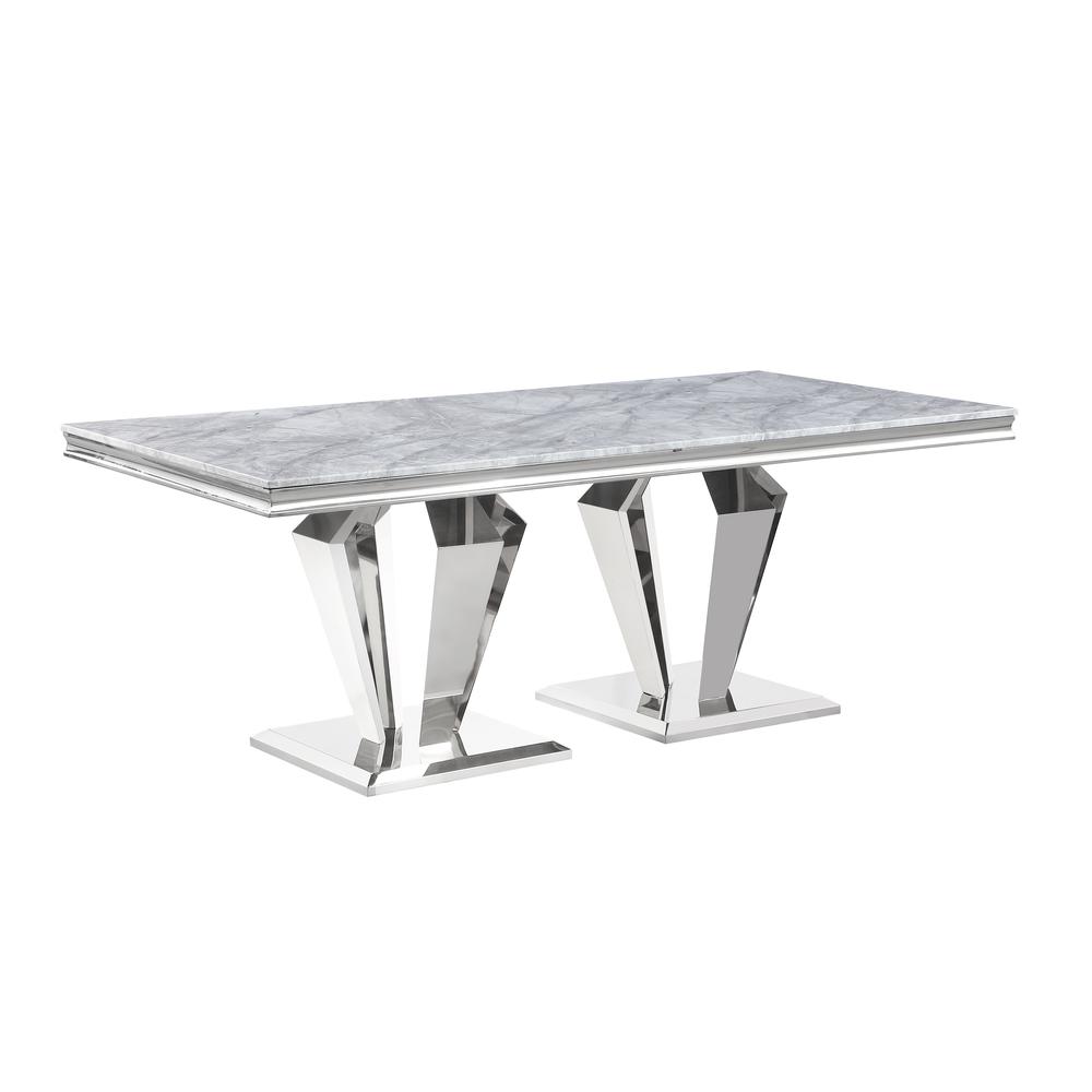Ivane Light Grey Stone Marble Laminate Silver Rectangle Dining Table. Picture 1