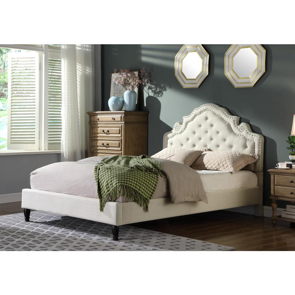 Best Master Furniture Theresa Linen Fabric Queen Bed with Nailhead Trim in Beige. Picture 1