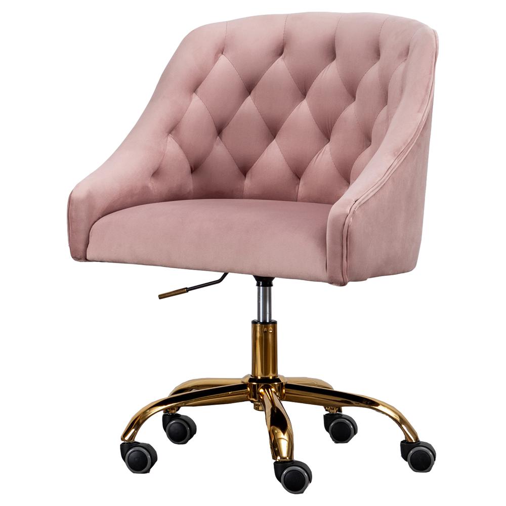 Pink Tufted Velvet Swivel Task Chair with Gold Base with Wheels. Picture 1