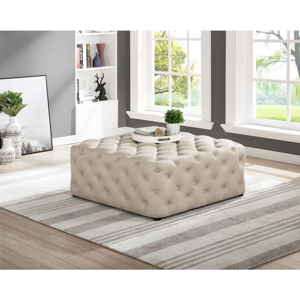 Best Master Furniture Kelly Square Transitional Linen Fabric Ottoman in Beige. Picture 1