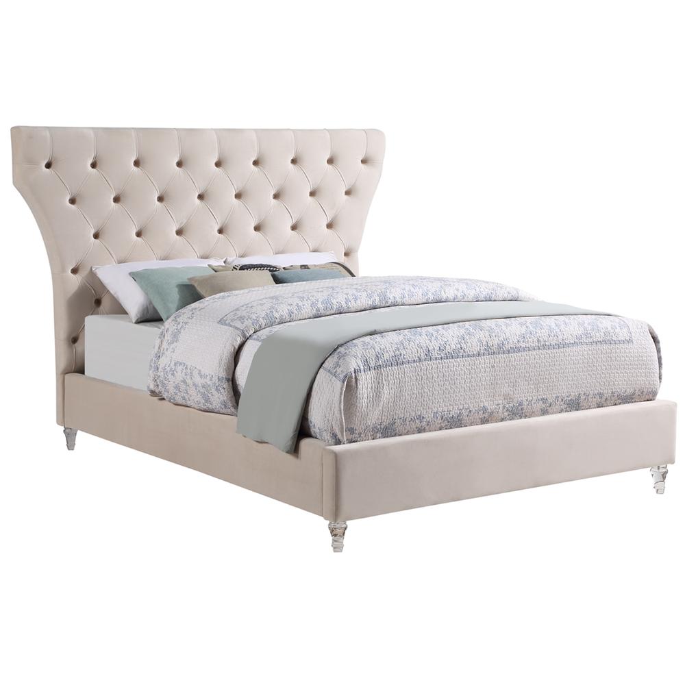 Bellagio Cream Tufted Velvet King Platform Bed with Acrylic Legs. Picture 1