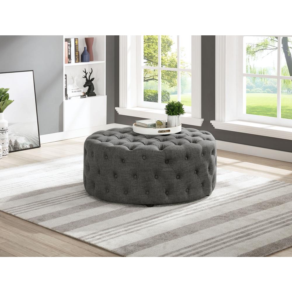 Best Master Furniture Anderson 40" Round Linen Fabric Ottoman in Gray. Picture 1