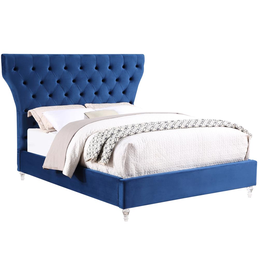 Bellagio Navy Tufted Velvet King Platform Bed with Acrylic Legs. Picture 1