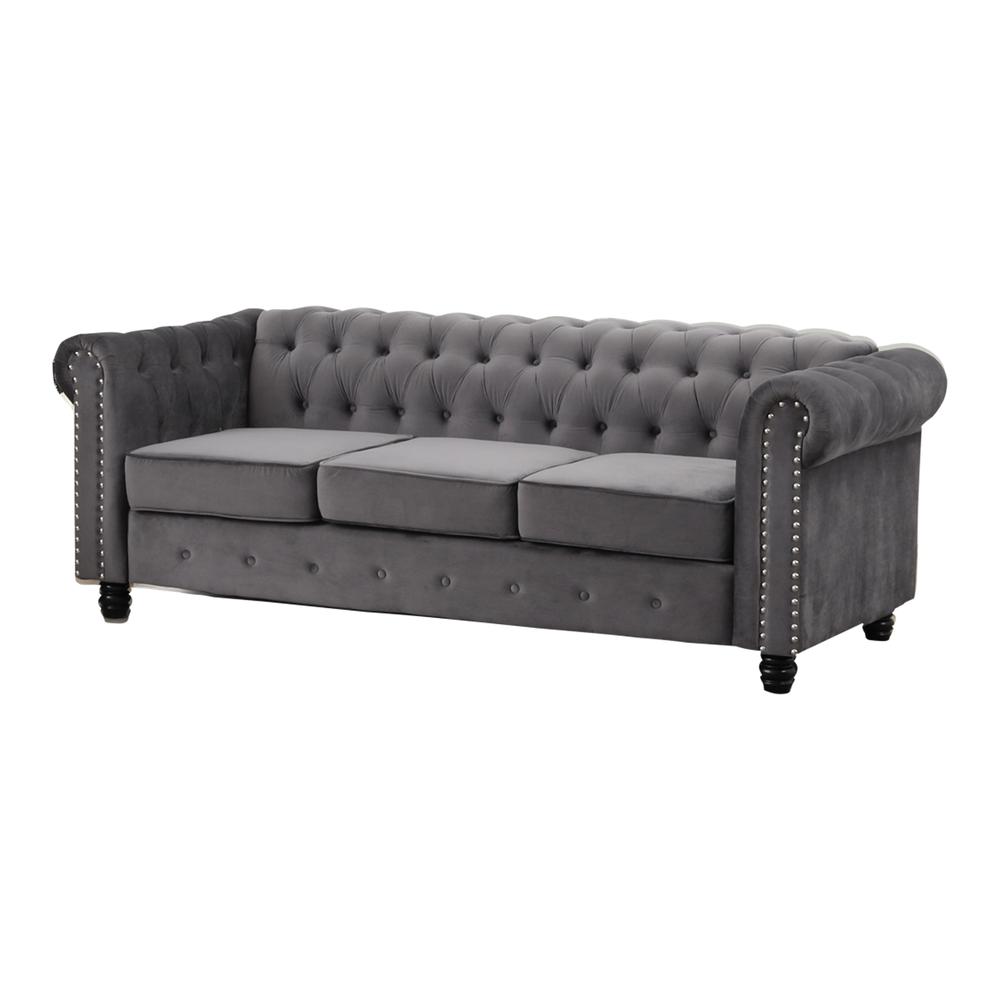 Best Master Furniture Venice 82" Tufted Transitional Velvet Sofa in Gray. Picture 1
