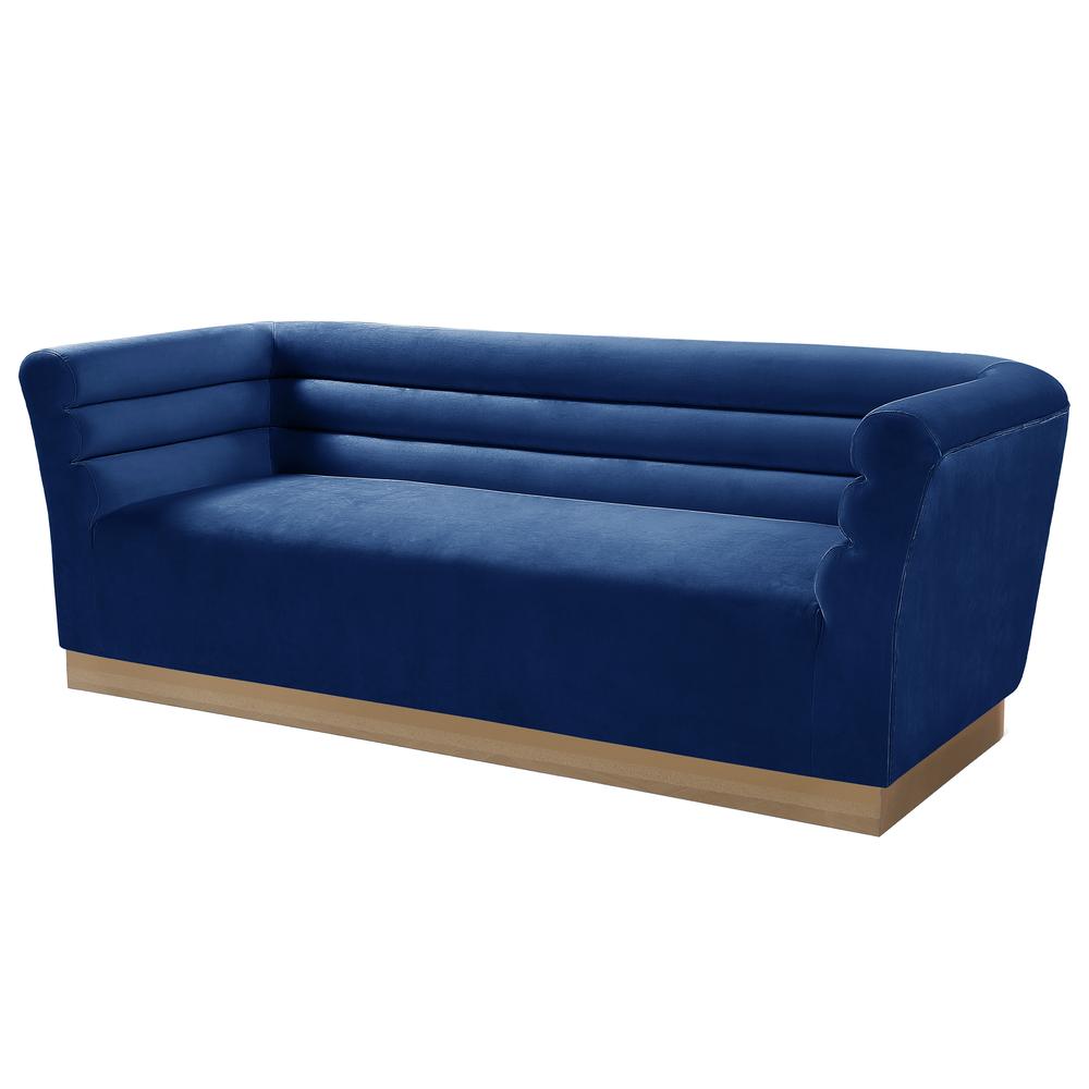 Livingston Blue Velour Sofa with Gold Trim. Picture 1