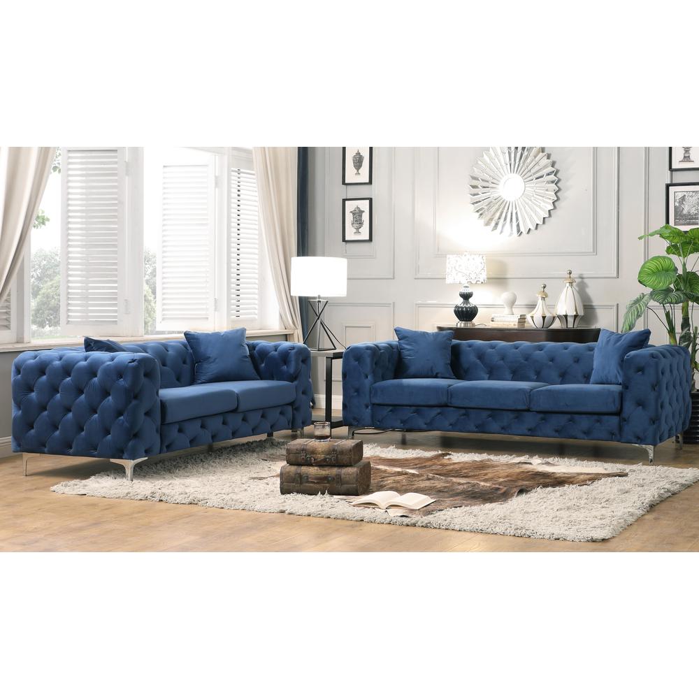 Best Master Furniture Nigel 84" Transitional Velvet Fabric Sofa in Blue. Picture 2