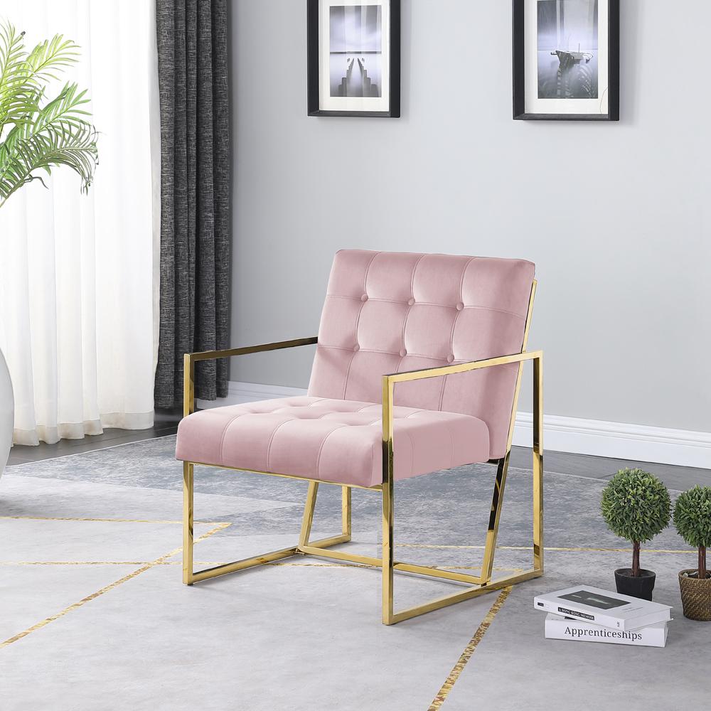 Beethoven 31.5" Velvet Accent Chair in Pink/Gold Plated. Picture 2