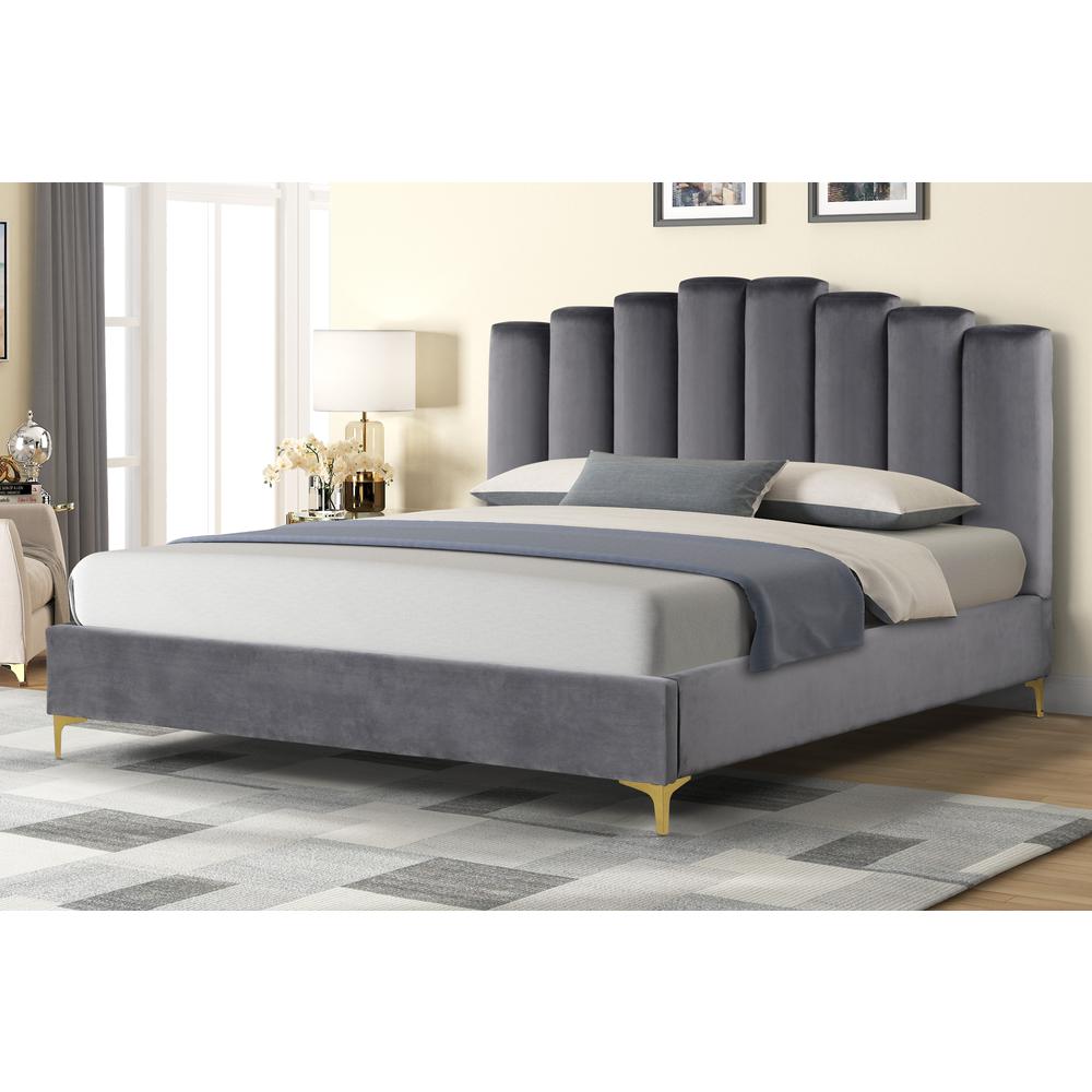 Sicily Velvet Fabric King Platform Bed in Gray. Picture 2