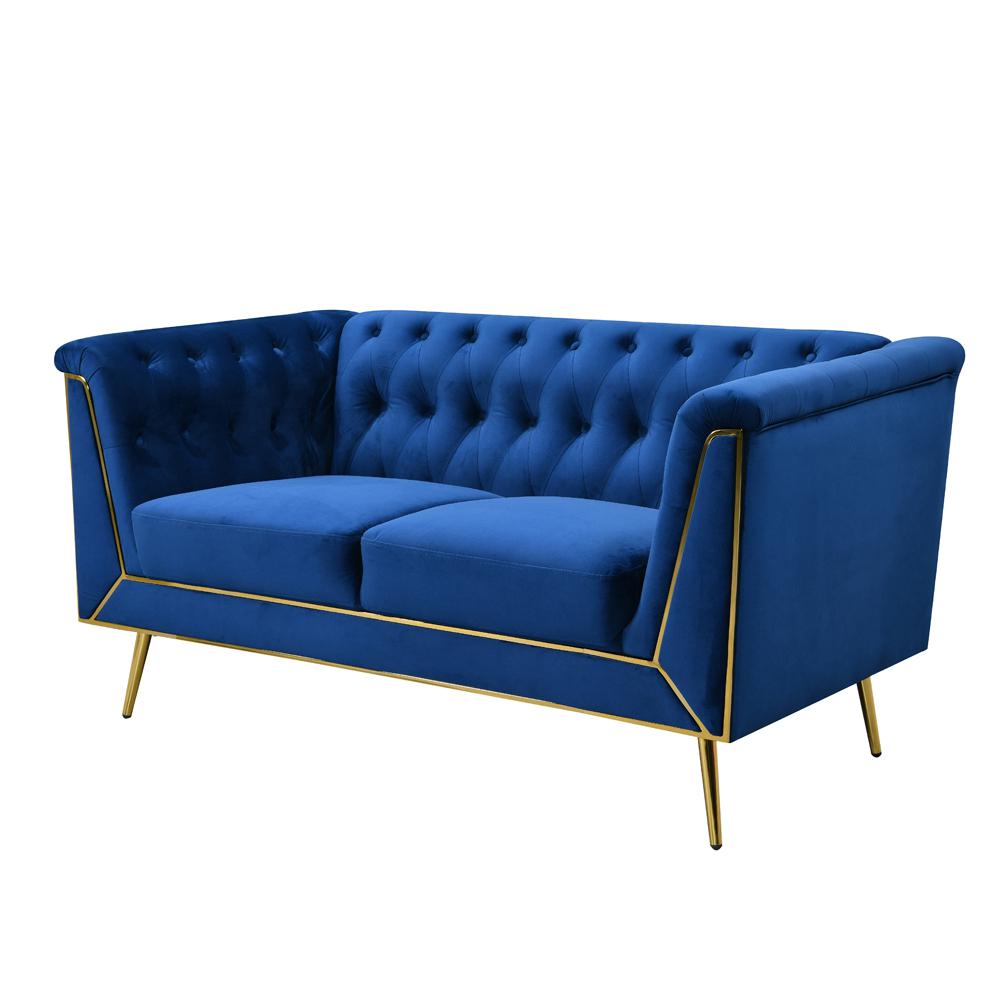 Ninian Blue Velvet with Gold Accent Loveseat. Picture 1