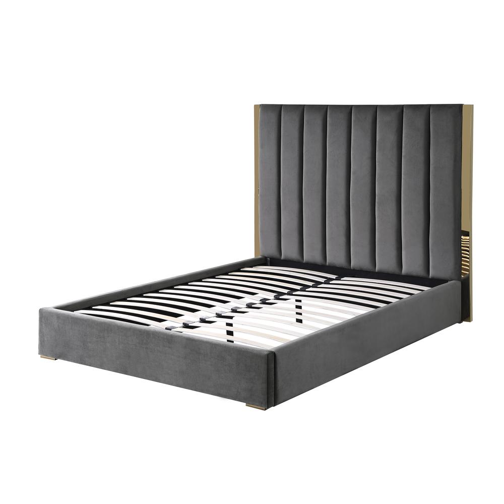 Jalen Dark Gray Velvet Queen Platform Bed with Gold Accents. Picture 1