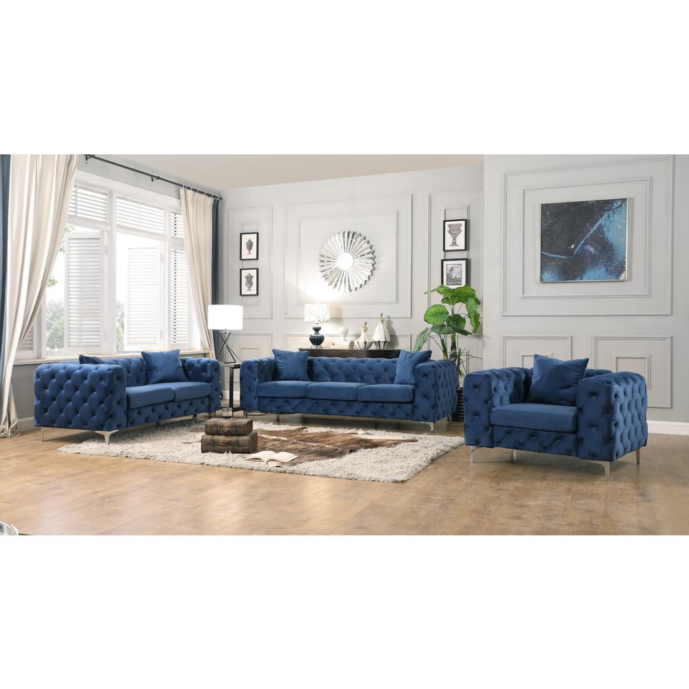 Best Master Furniture Nigel 3 Piece Transitional Velvet Sofa Set in Blue. Picture 1