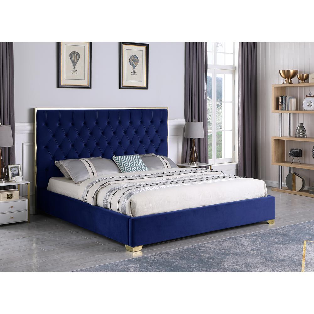 Kressa Velvet Fabric Tufted King Platform Bed in Blue/Gold. Picture 1