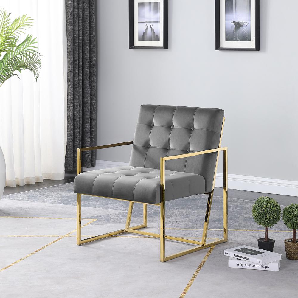 Beethoven 31.5" Velvet Accent Chair in Gray/Gold Plated. Picture 2