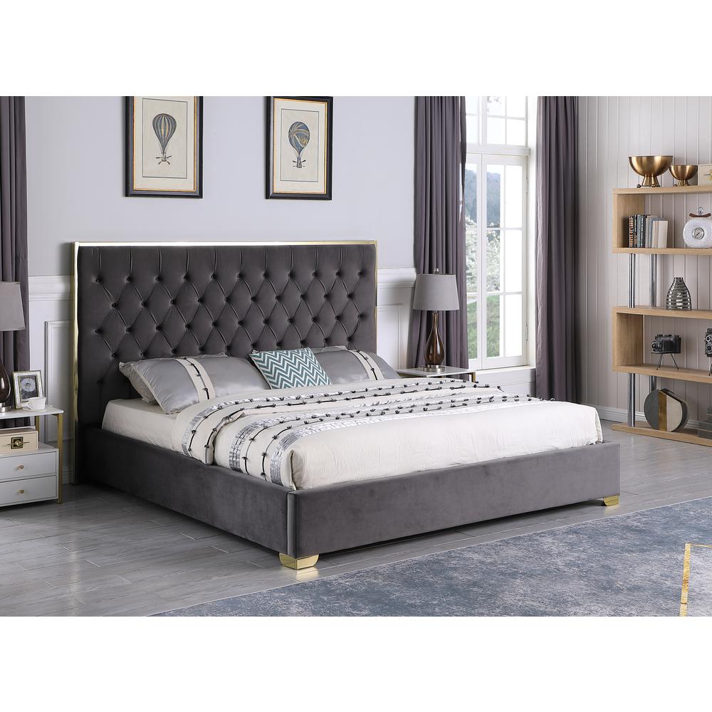 Kressa Velour Fabric Tufted Cali King Platform Bed in Dark Gray/Gold. Picture 1