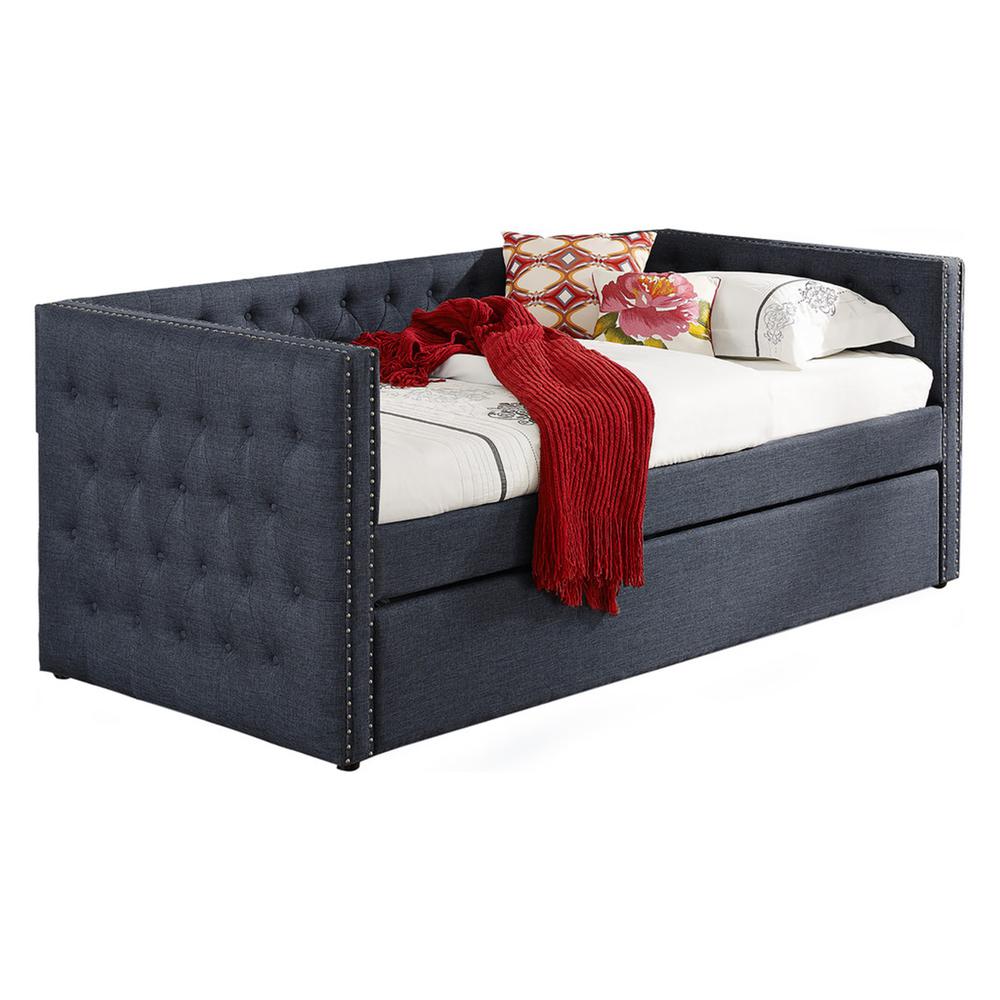 Tufted Fabric with Nailhead Twin Daybed and Trundle in Trina Grey. Picture 1