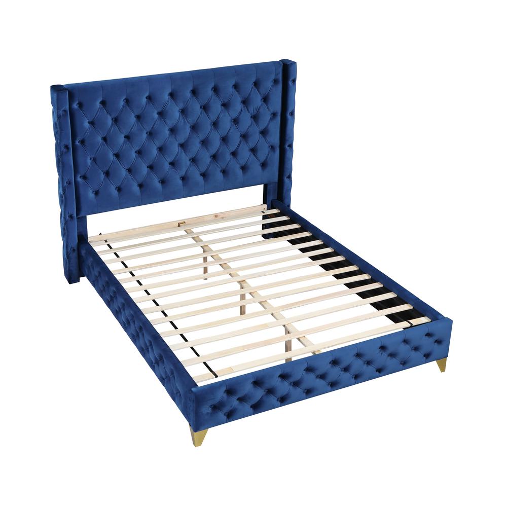 Oakdale Blue Wood Frame King Platform Bed with Tufted Velvet Upholstery. Picture 1