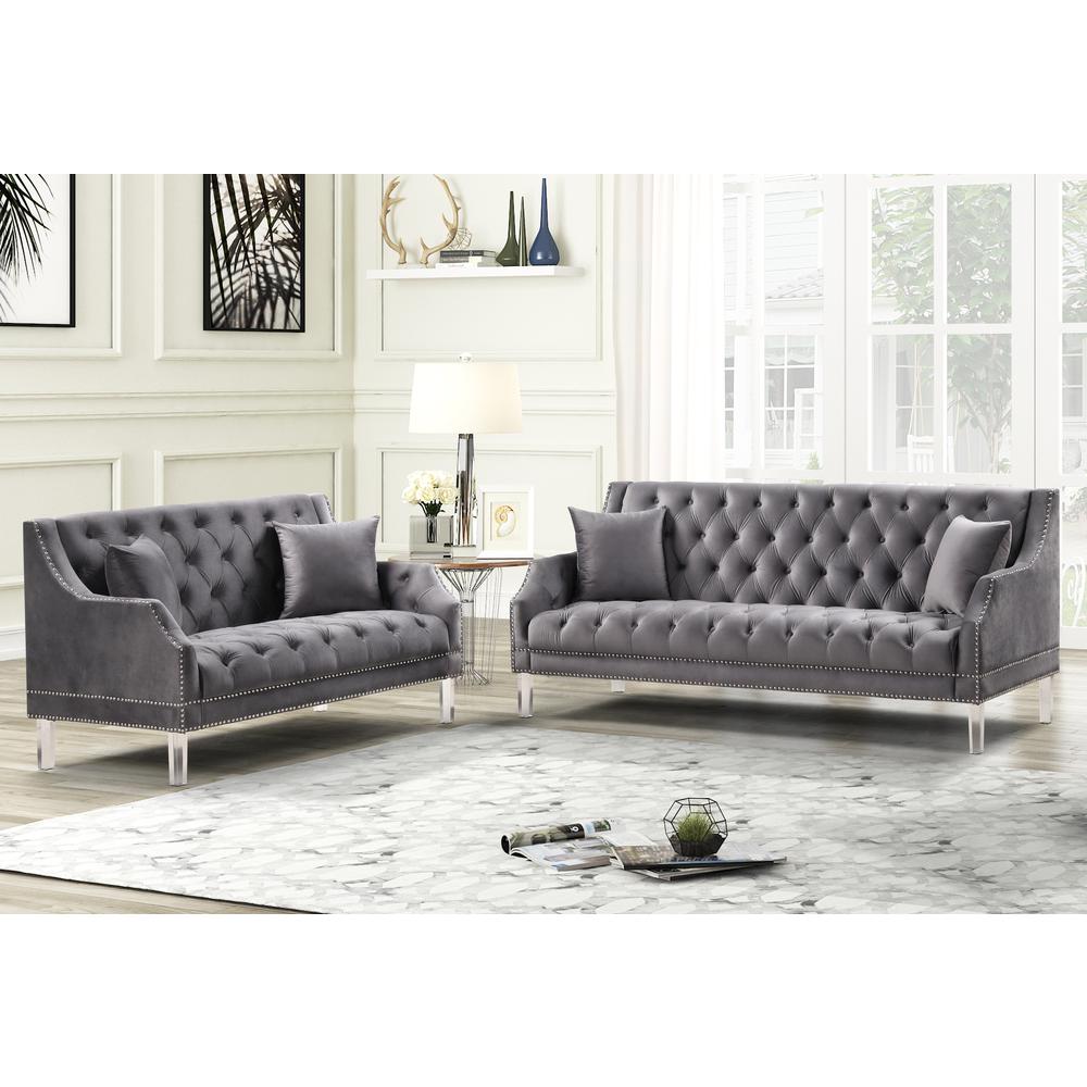 Tao Tufted Velvet with Acrylic Legs Sofa and Loveseat Set in Gray. Picture 2