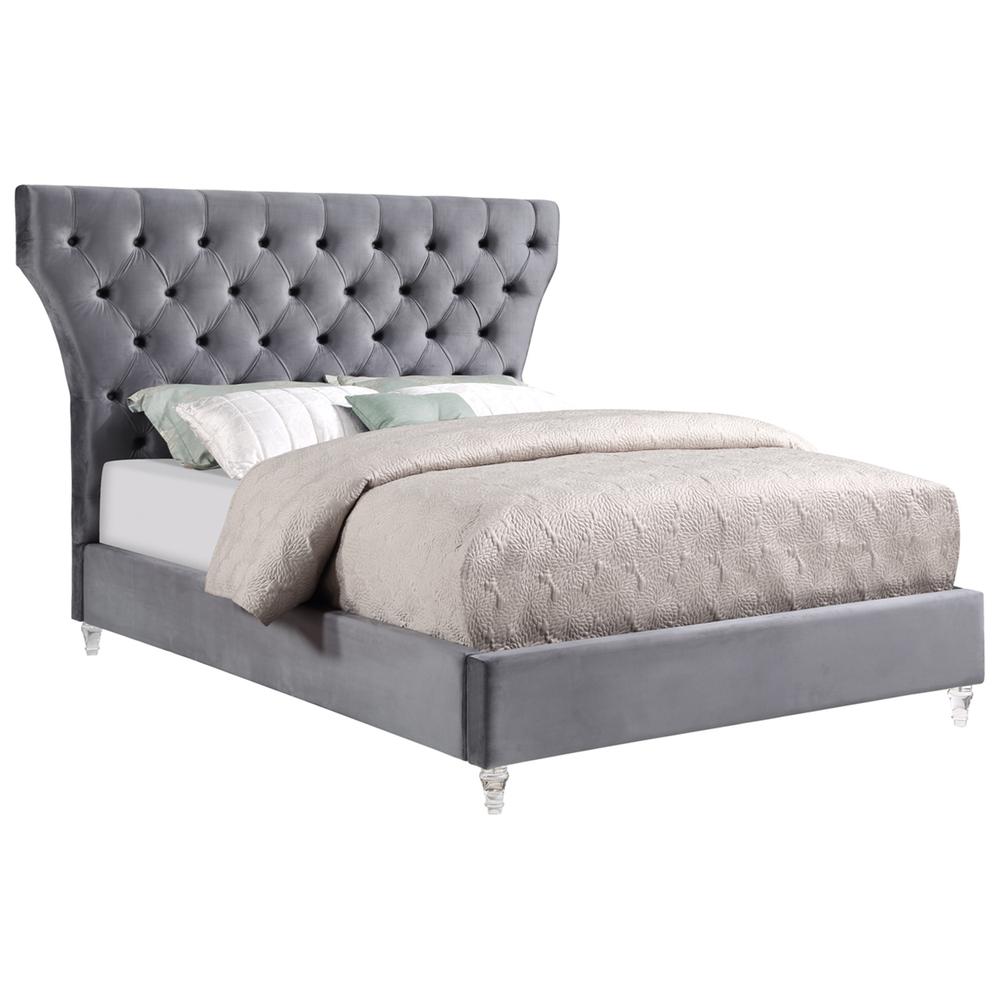 Bellagio Gray Tufted Velvet California King Platform Bed with Acrylic Legs. Picture 1