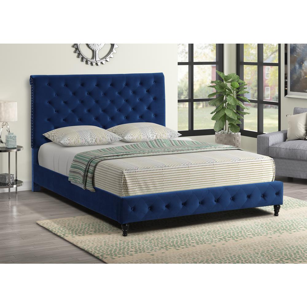 Ashley Tufted Velvet Fabric Queen Platform Bed in Blue. Picture 2