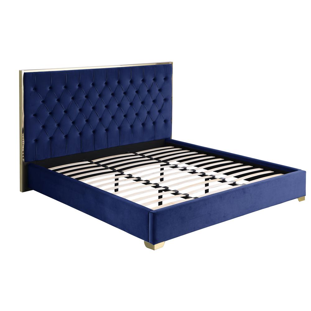 Kressa Velvet Fabric Tufted King Platform Bed in Blue/Gold. Picture 2