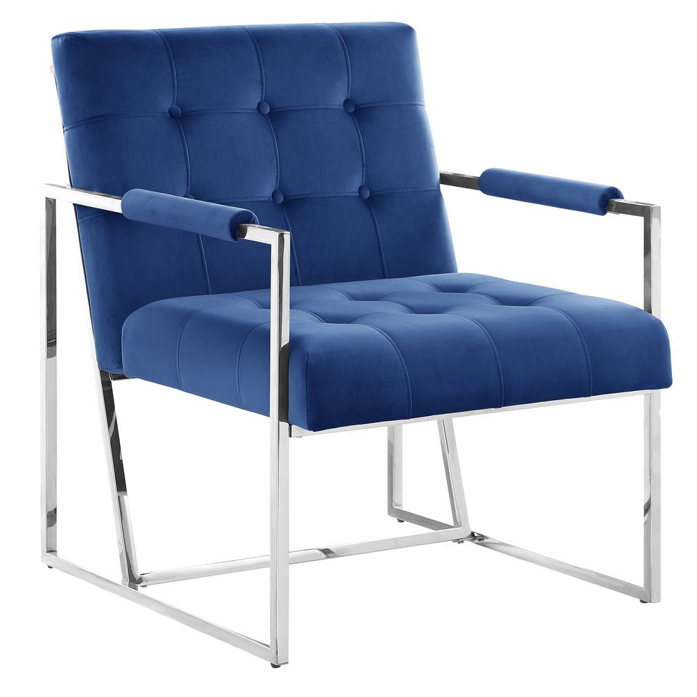Luxor Blue Velvet Modern Accent Chair in Silver. Picture 1