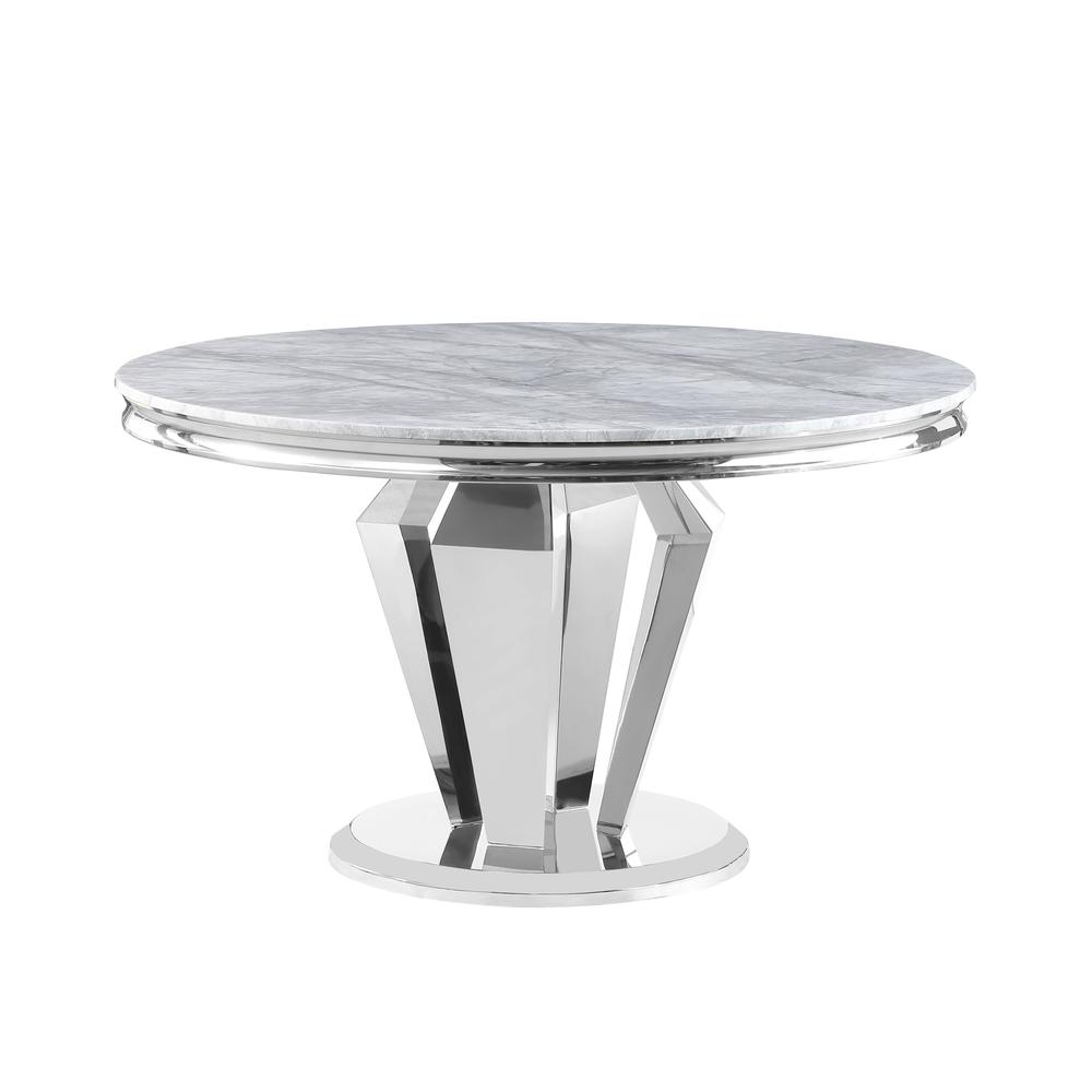 Ivane Light Grey Stone Marble Laminate Silver Round Dining Table. Picture 1