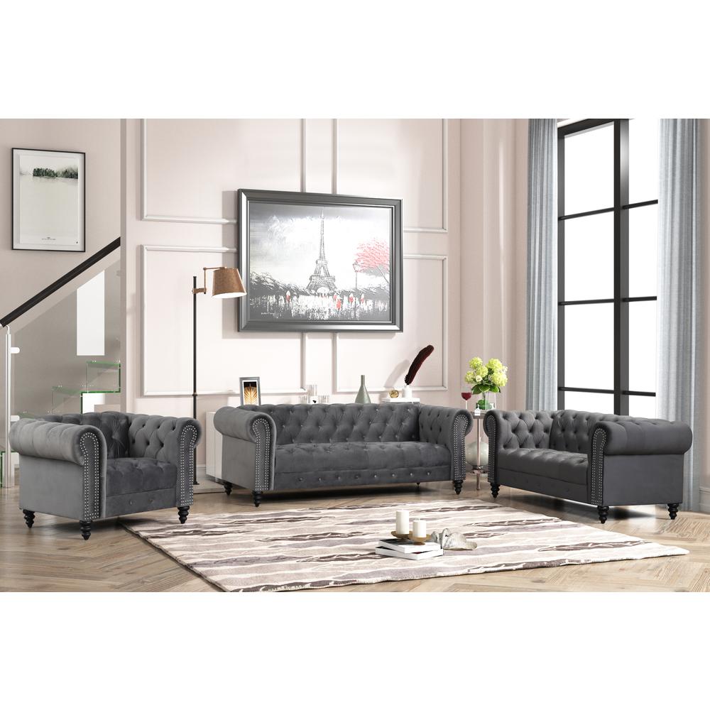 Flotilla Round Arm Velvet Chesterfield Straight Sofa in Gray (3 Seater). Picture 2