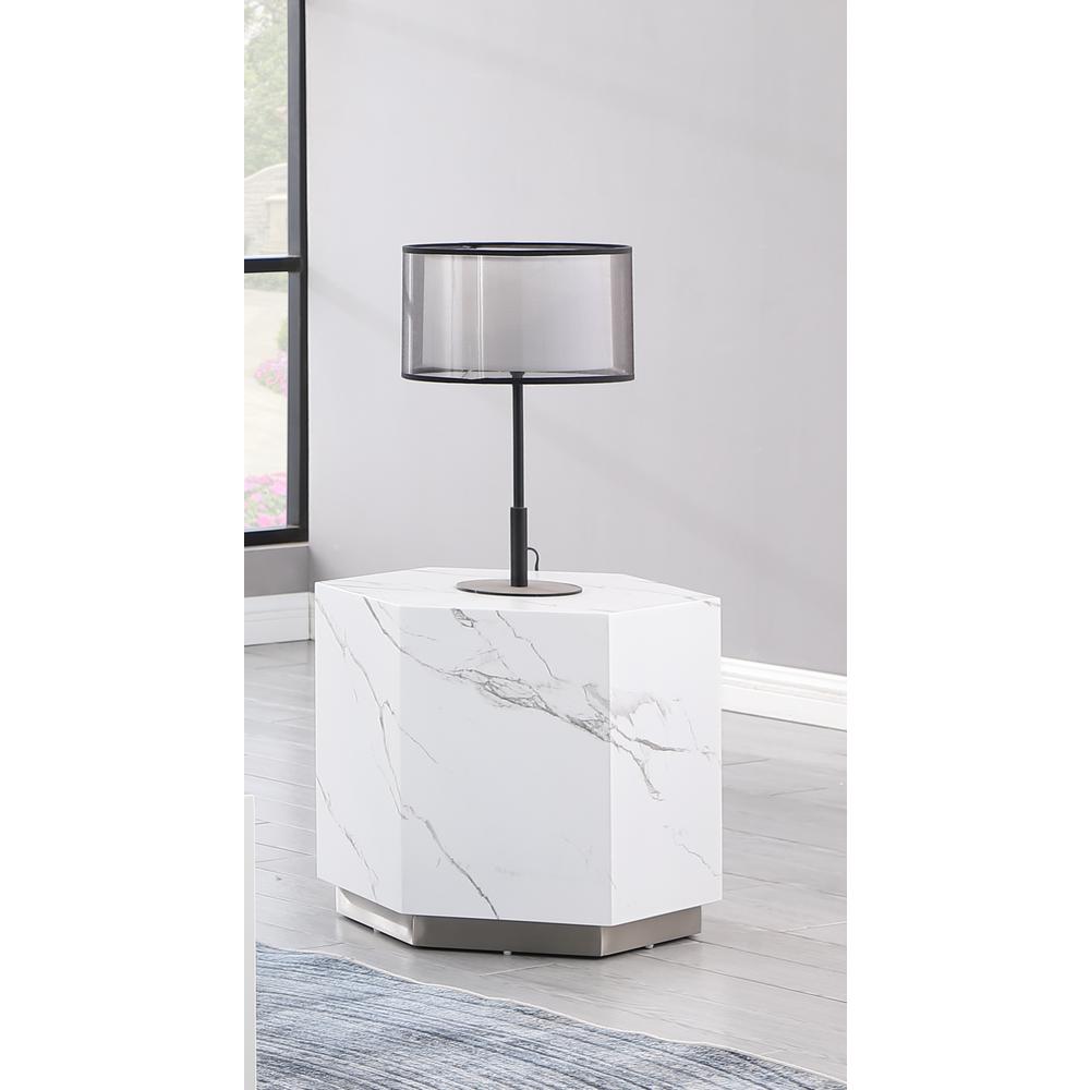Zhuri Hexagon Faux Marble White End Table in Silver. Picture 2