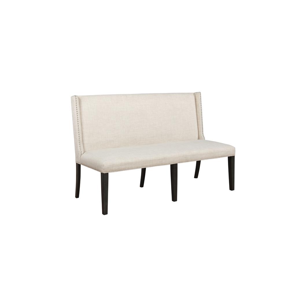 Mia Linen Upholstered Wood Banquette Bench in Beige with Nailhead Trim. Picture 1