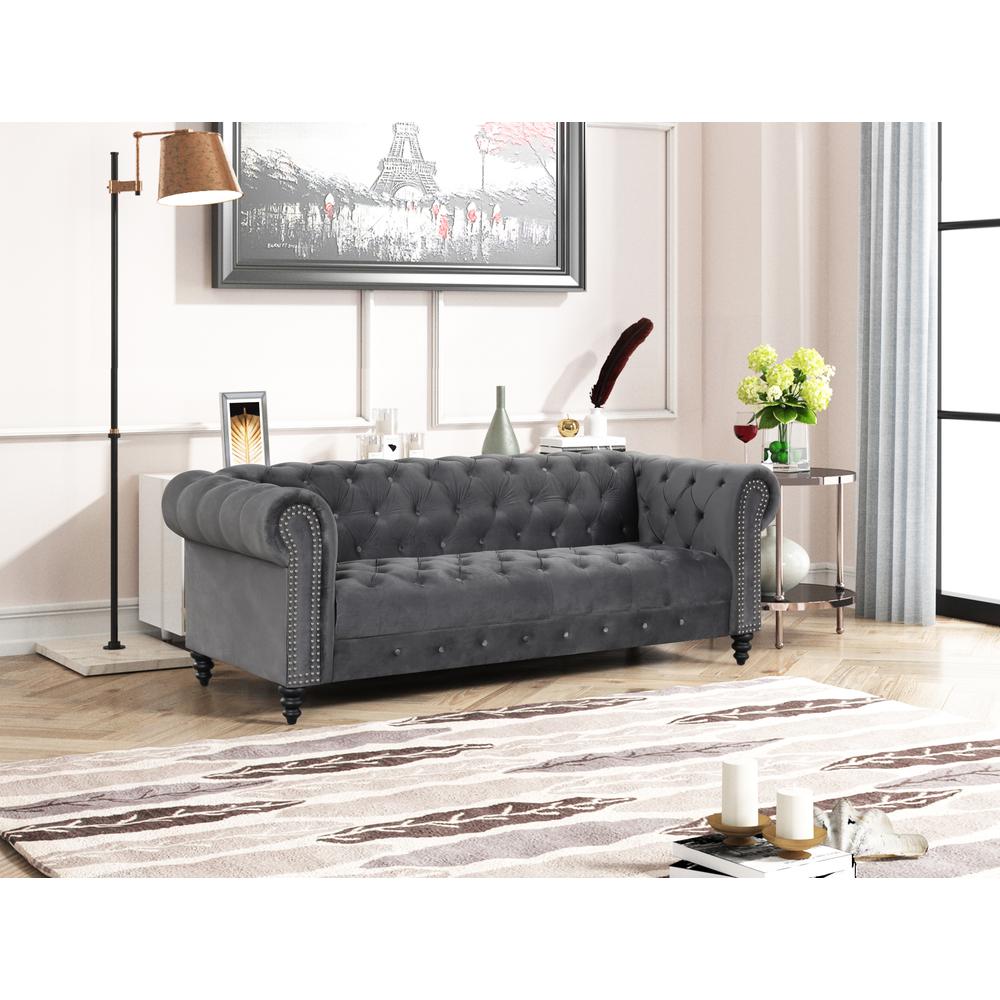 Flotilla Round Arm Velvet Chesterfield Straight Sofa in Gray (3 Seater). Picture 3