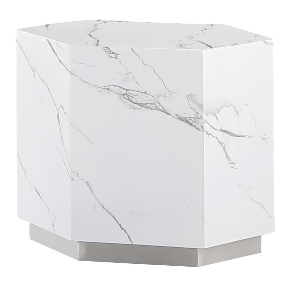 Zhuri Hexagon Faux Marble White End Table in Silver. Picture 1