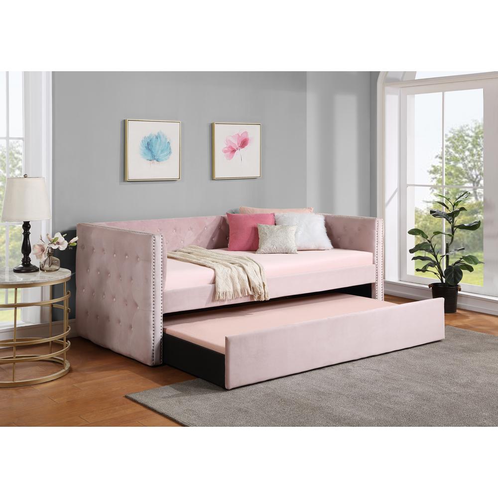 Best Master Furniture Nikora 86" Tufted Velvet Daybed with Trundle in Pink. Picture 3