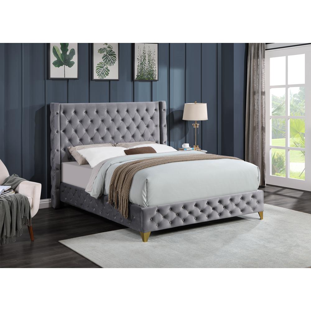 Oakdale Gray Wood Frame King Platform Bed with Tufted Velvet Upholstery. Picture 3