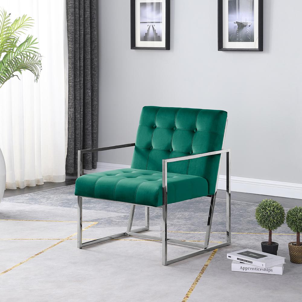 Beethoven 31.5" Velvet Accent Chair in Green/Silver Plated. Picture 2